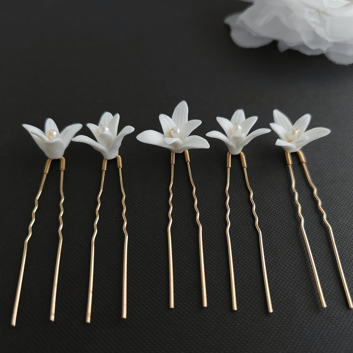 White Flower Wedding Hair Pins 5-Piece Set in Silver and Gold - Jasmine