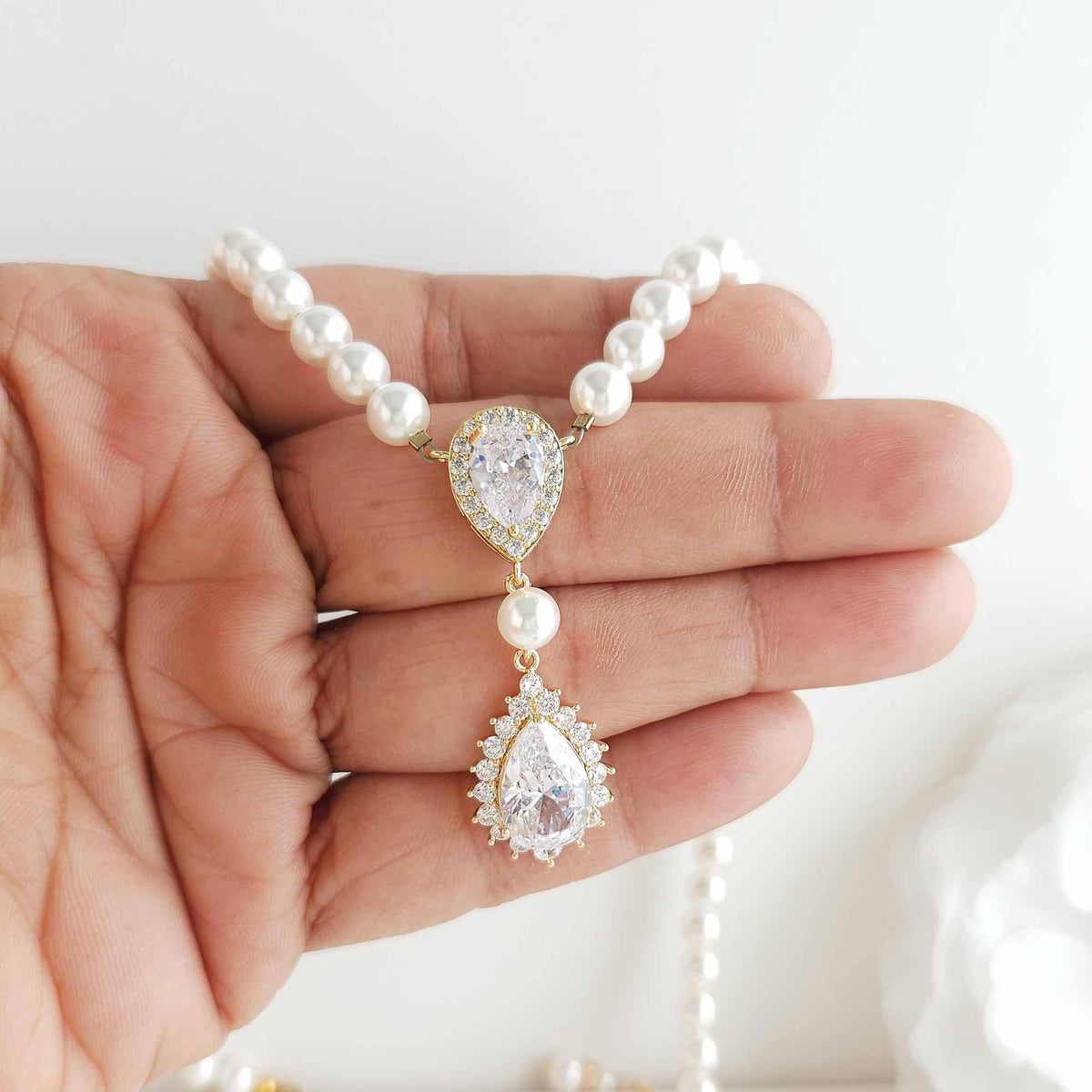 Bridal Pearl Strand and Teardrop CZ Pendant Necklace - Raya
