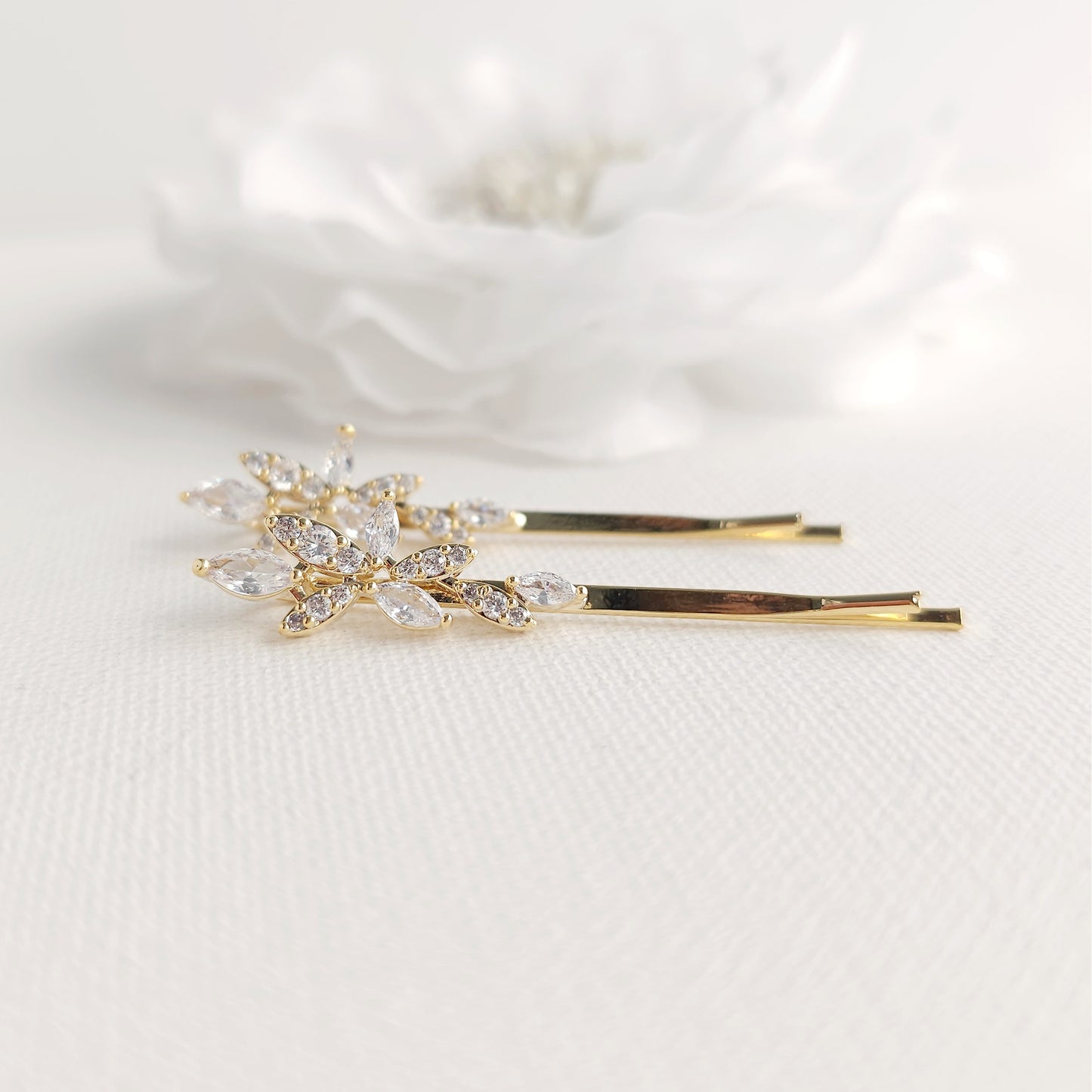 Rose Gold Leaf Bridal Hair Pin Set | Marquise CZ Slide for Bridesmaids & Flower Girls - Thea