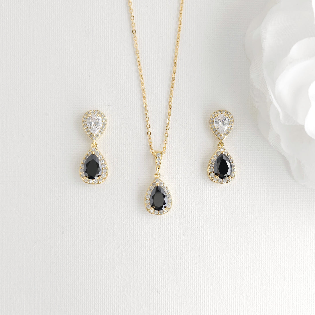 Rose Gold and Black Drop Jewellery Set | Necklace, Earrings & Bracelet for Weddings and Evening Wear - Zoe