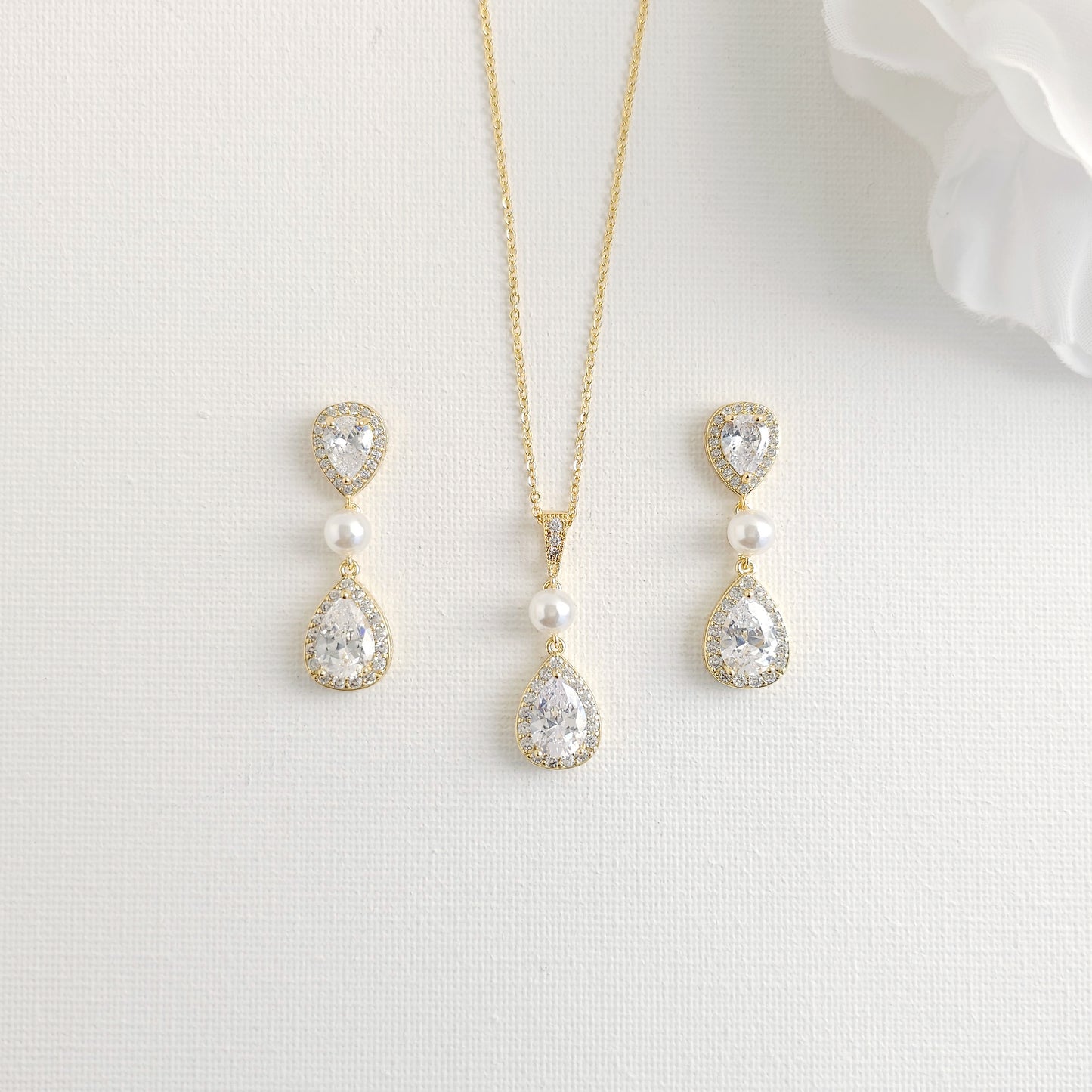 Classic Pearl & Gold CZ Teardrop Wedding Jewellery Set- Emma