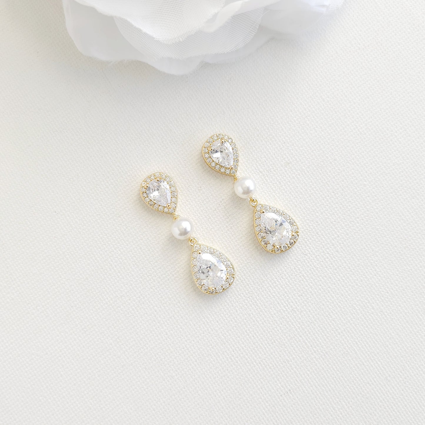 Rose Gold Bridal Teardrop Earrings with Pearl & Cubic Zirconia - Emma