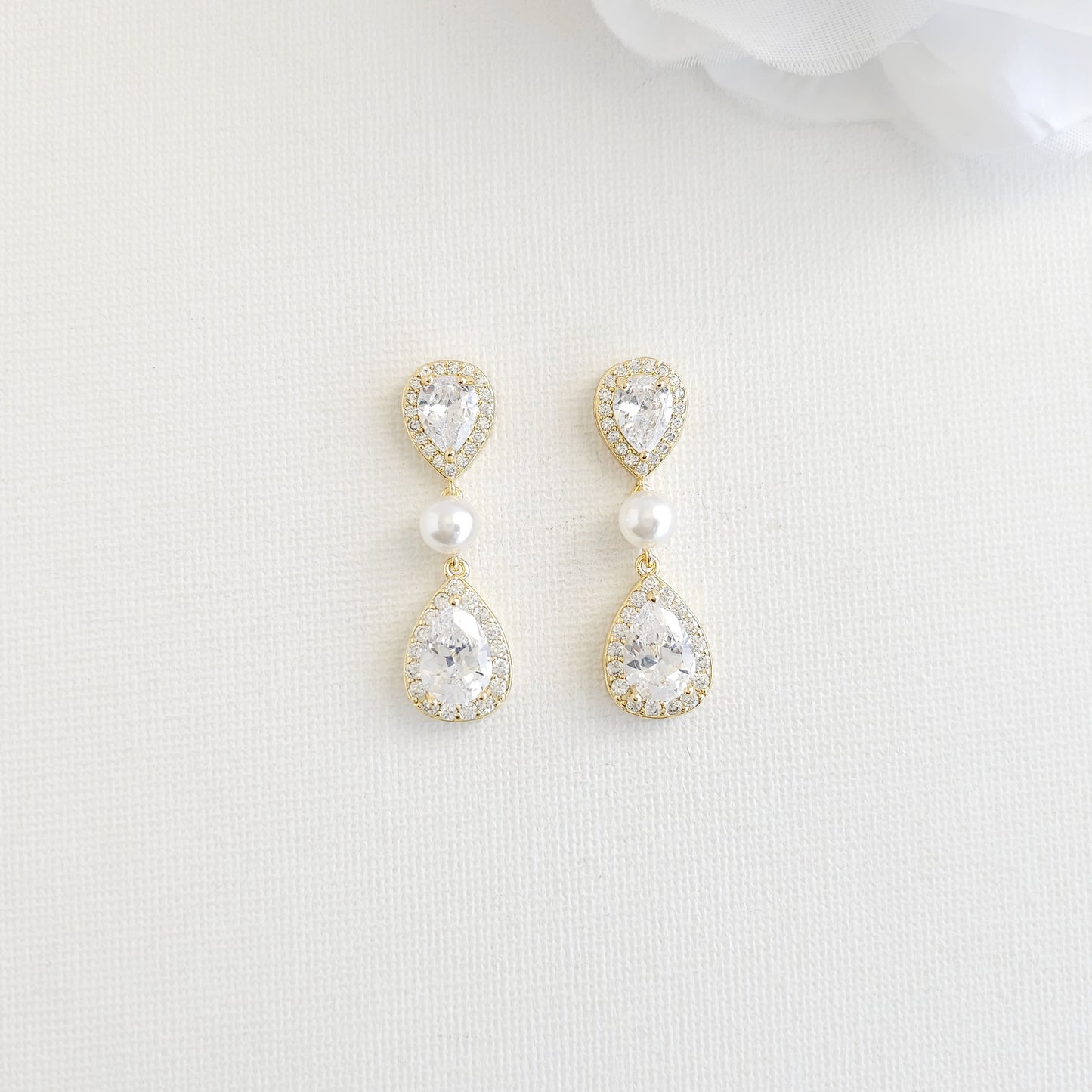 Rose Gold Bridal Teardrop Earrings with Pearl & Cubic Zirconia - Emma