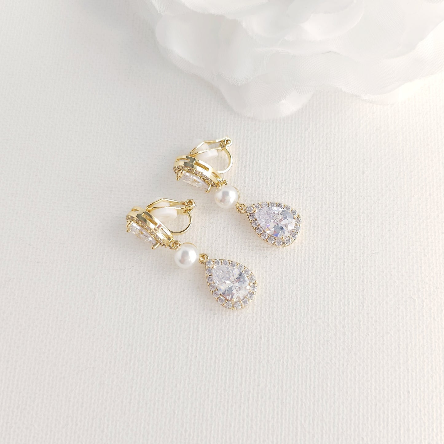 Gold Clip On Earrings with CZ Teardrops and Ivory Pearls- Emma