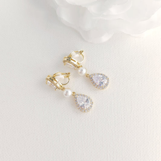 Gold Clip On Earrings with CZ Teardrops and Ivory Pearls- Emma