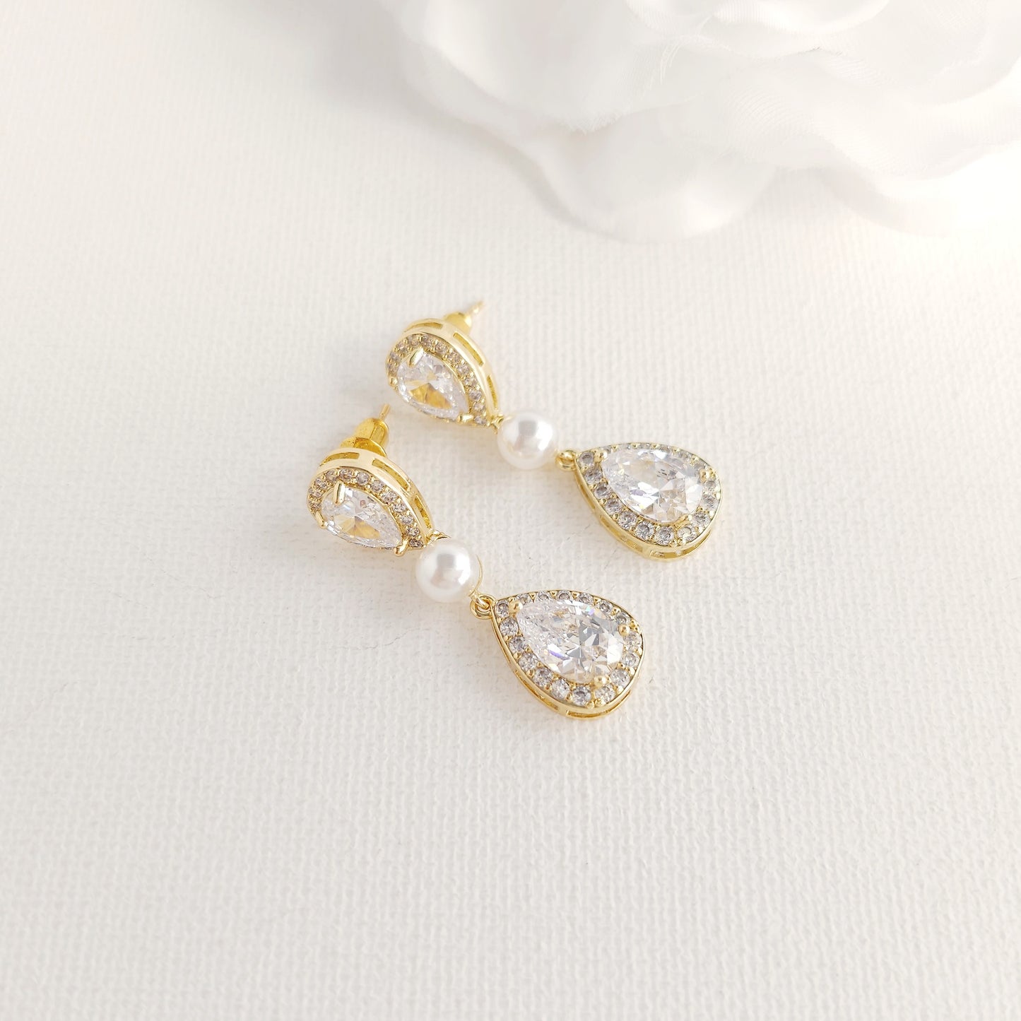 Teardrop Bridal Earrings: Rhodium-Plated Pearl & Cubic Zirconia -Emma