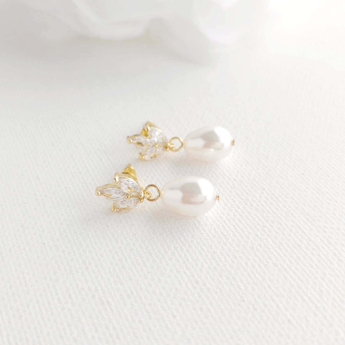 Dainty Gold CZ Leaf Teardrop Pearl Earrings for Weddings- Vera