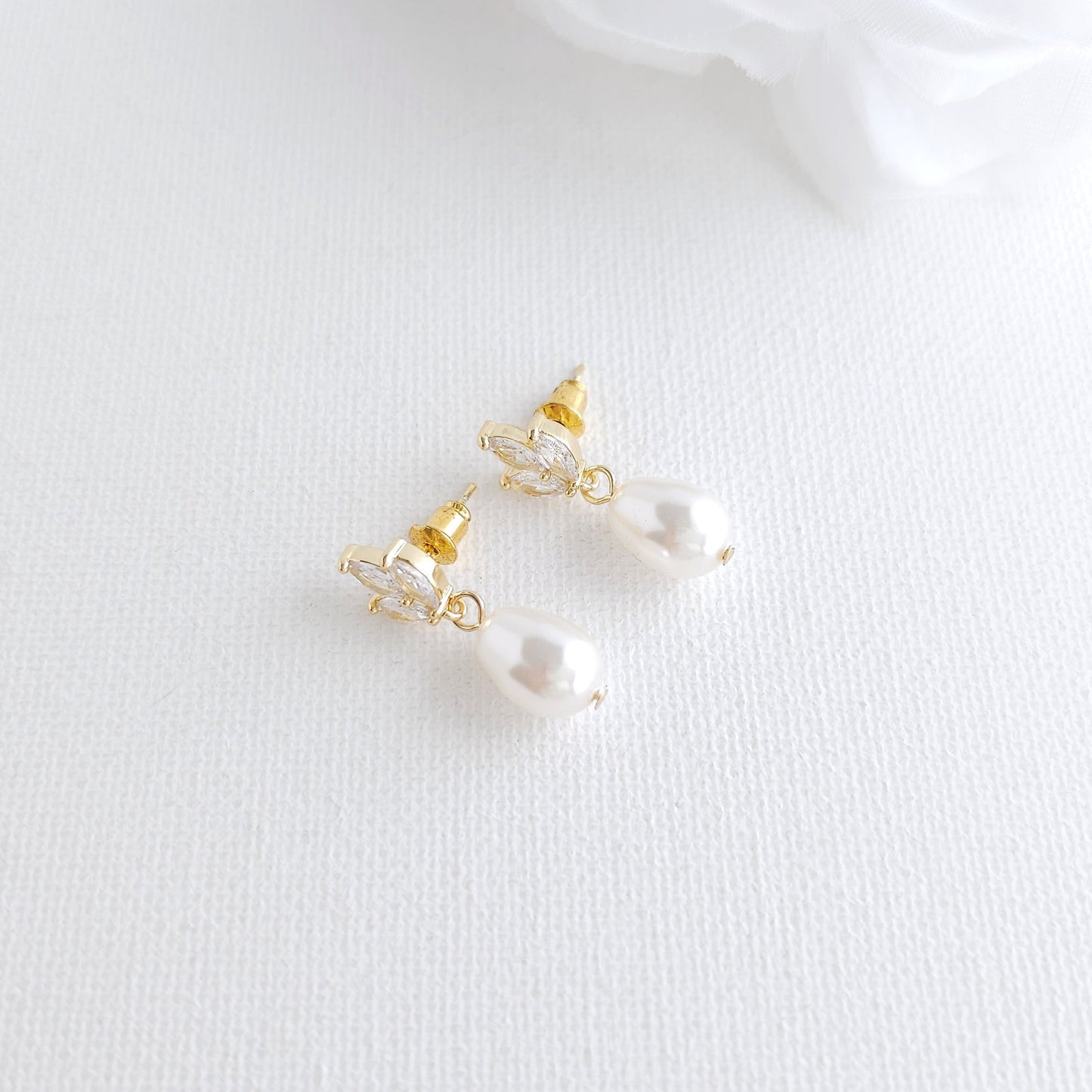 Dainty Gold CZ Leaf Teardrop Pearl Earrings for Weddings- Vera