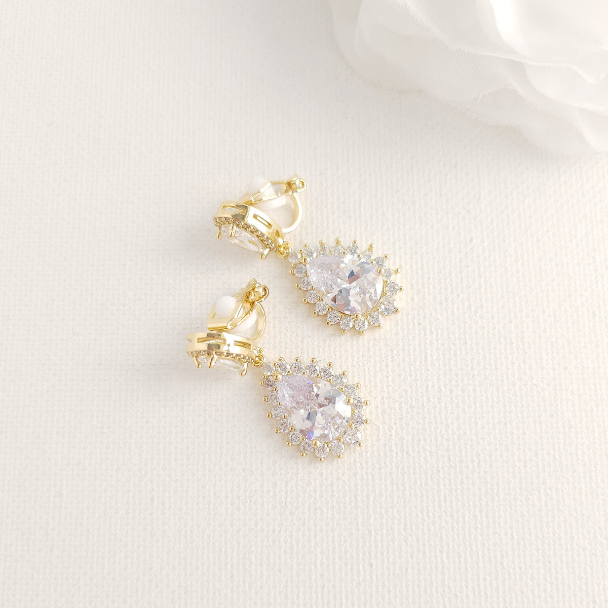 Comfortable CZ Clip On Earrings for Unpierced Ears: Brides, Bridal Party, Guests - Raya
