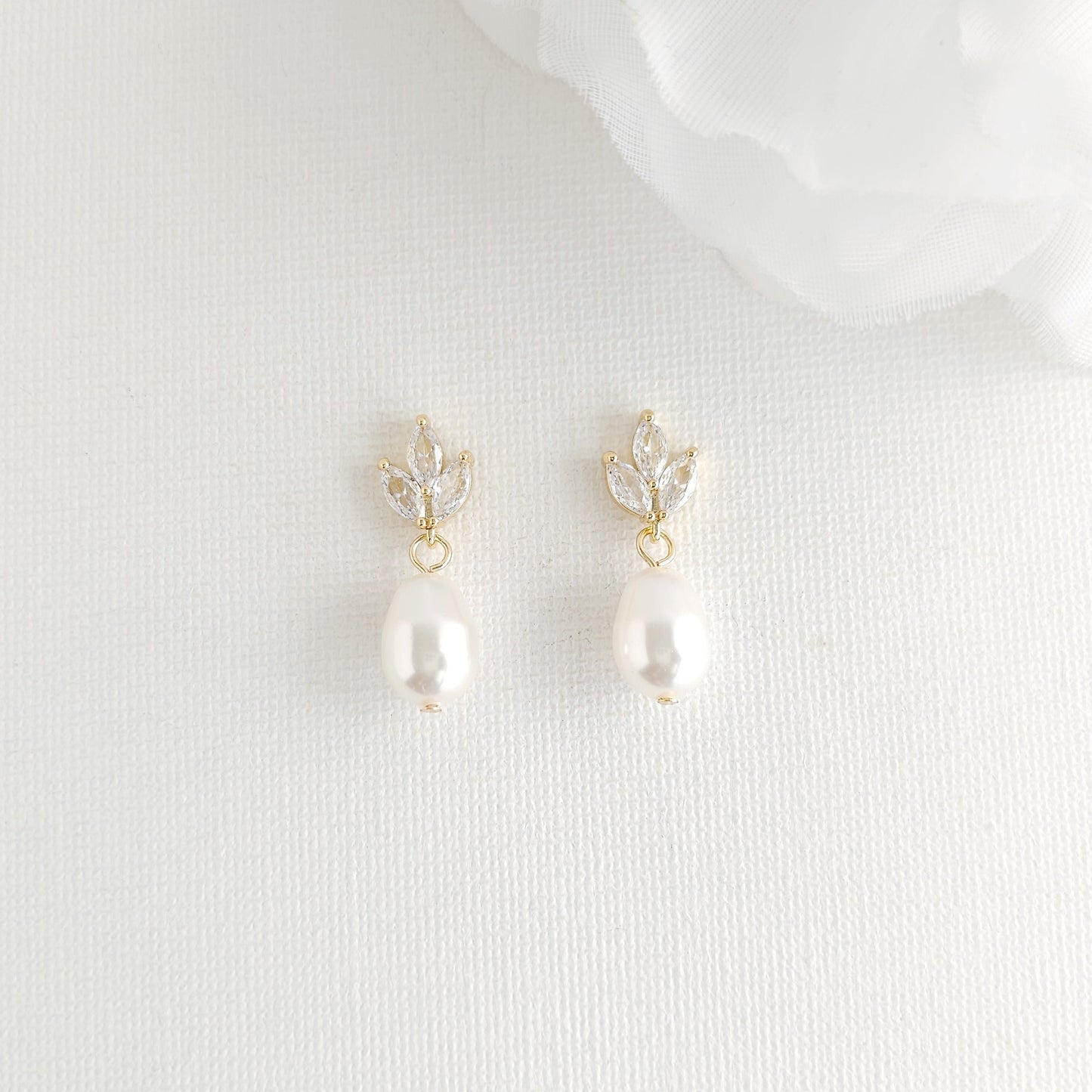 Dainty Teardrop Pearl Earrings with Delicate Leaf-Top for Brides (Silver CZ)- Vera