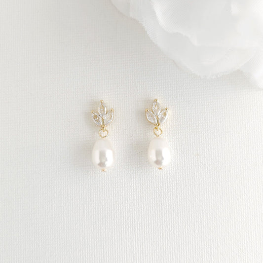 Dainty Gold CZ Leaf Teardrop Pearl Earrings for Weddings- Vera