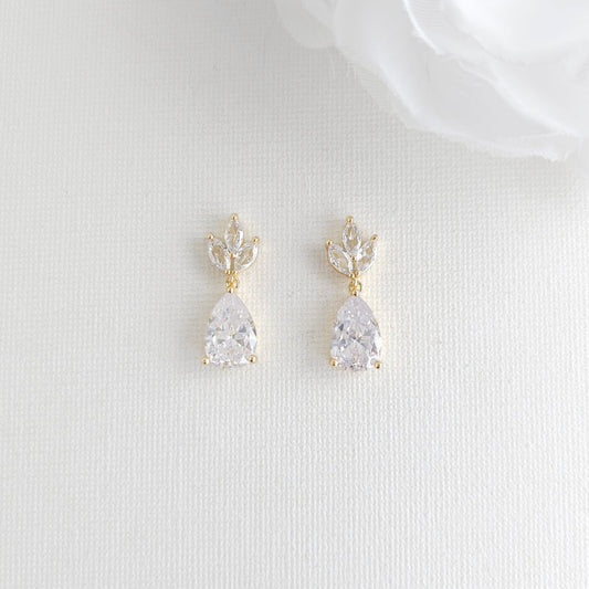 Delicate Bridal Gold Dangle Earrings with Cubic Zirconia For Weddings & Occasions - Vera