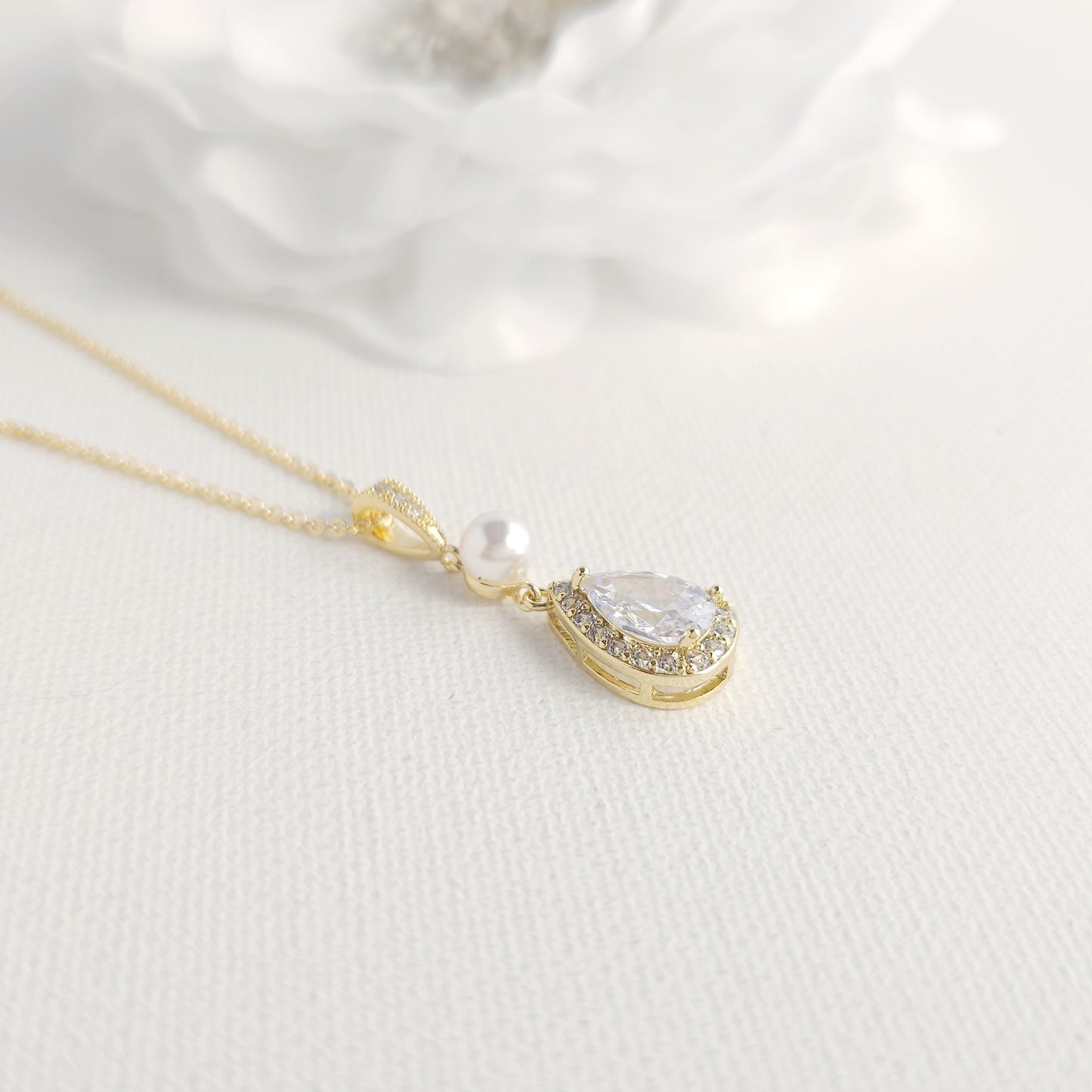 Classic Pearl & Gold CZ Teardrop Wedding Jewellery Set- Emma