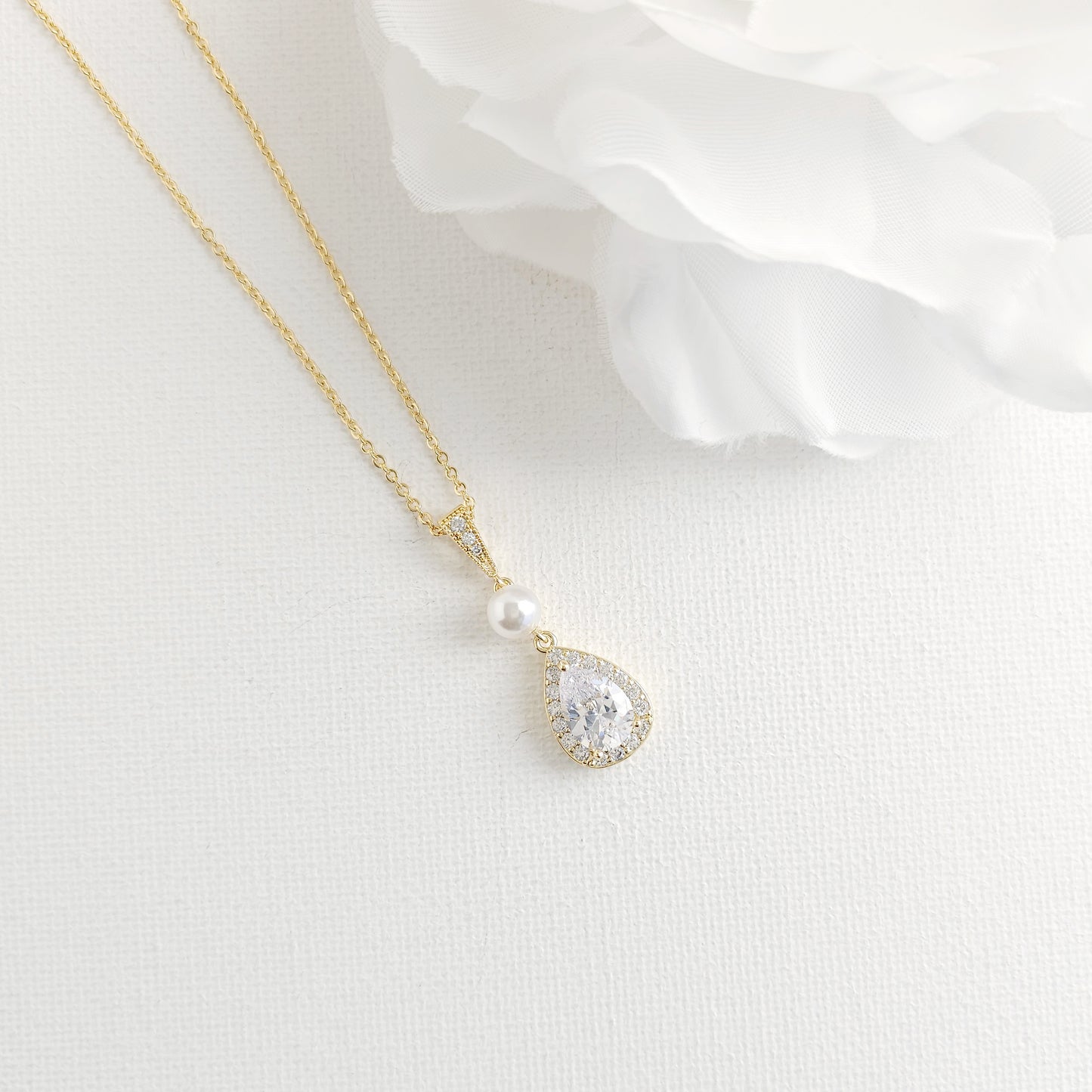 Classic Pearl & Gold CZ Teardrop Wedding Jewellery Set- Emma