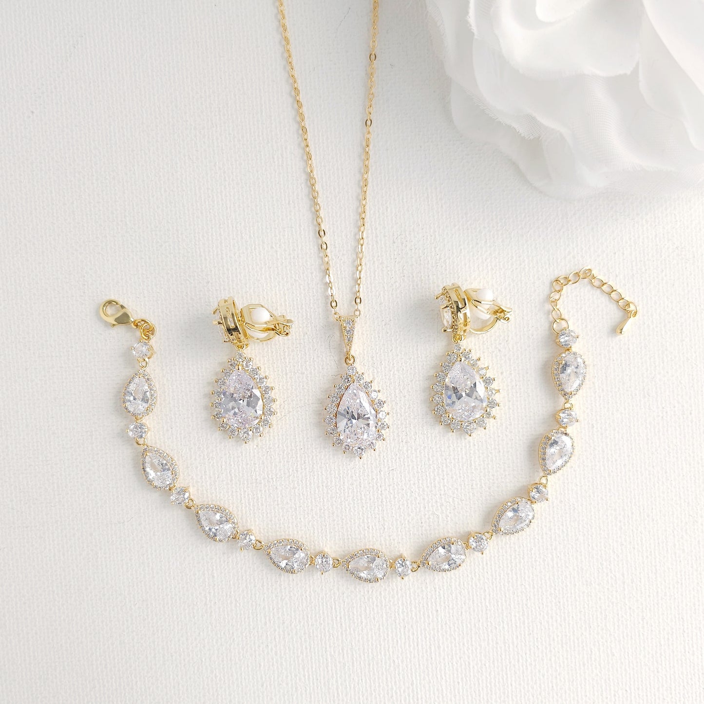 Clear CZ Teardrop Jewellery Set with Clip On Earrings - Raya
