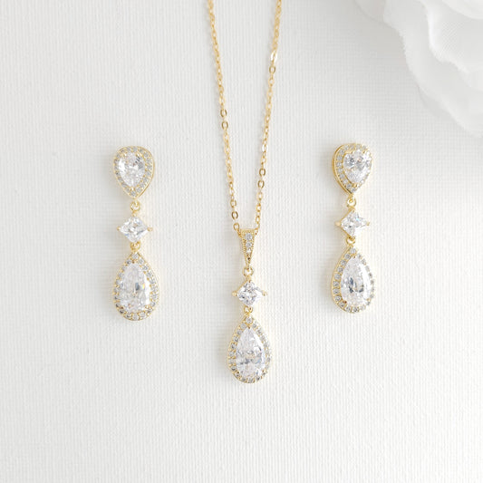 Bridal Jewellery Set in Gold with CZ Teardrop Necklace Earrings - Lena
