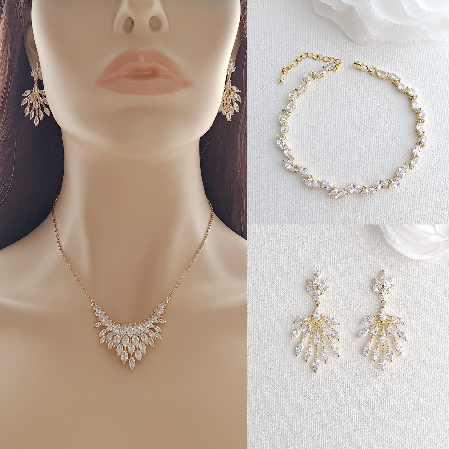 CZ Leaf Gold Jewellery Set for Weddings-Belle