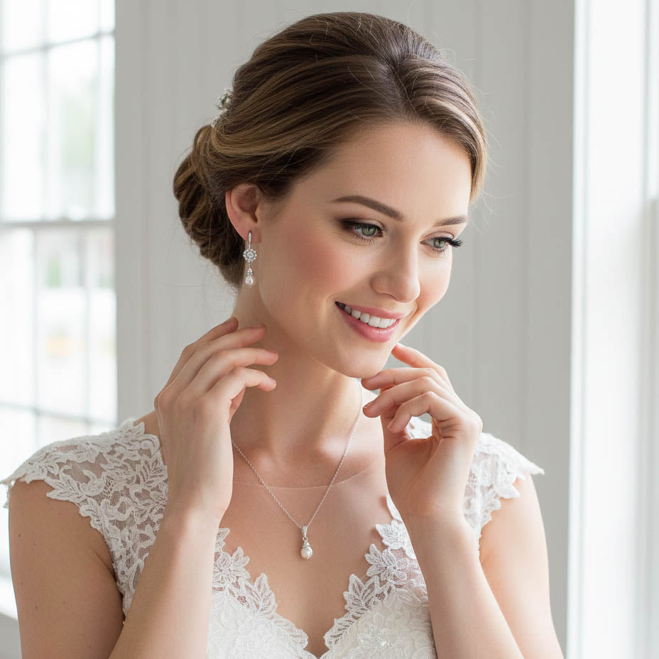 Delicate Pearl Bridal Jewelry Set: Lightweight Dangle Earrings & Necklace for Timeless Style- Hope
