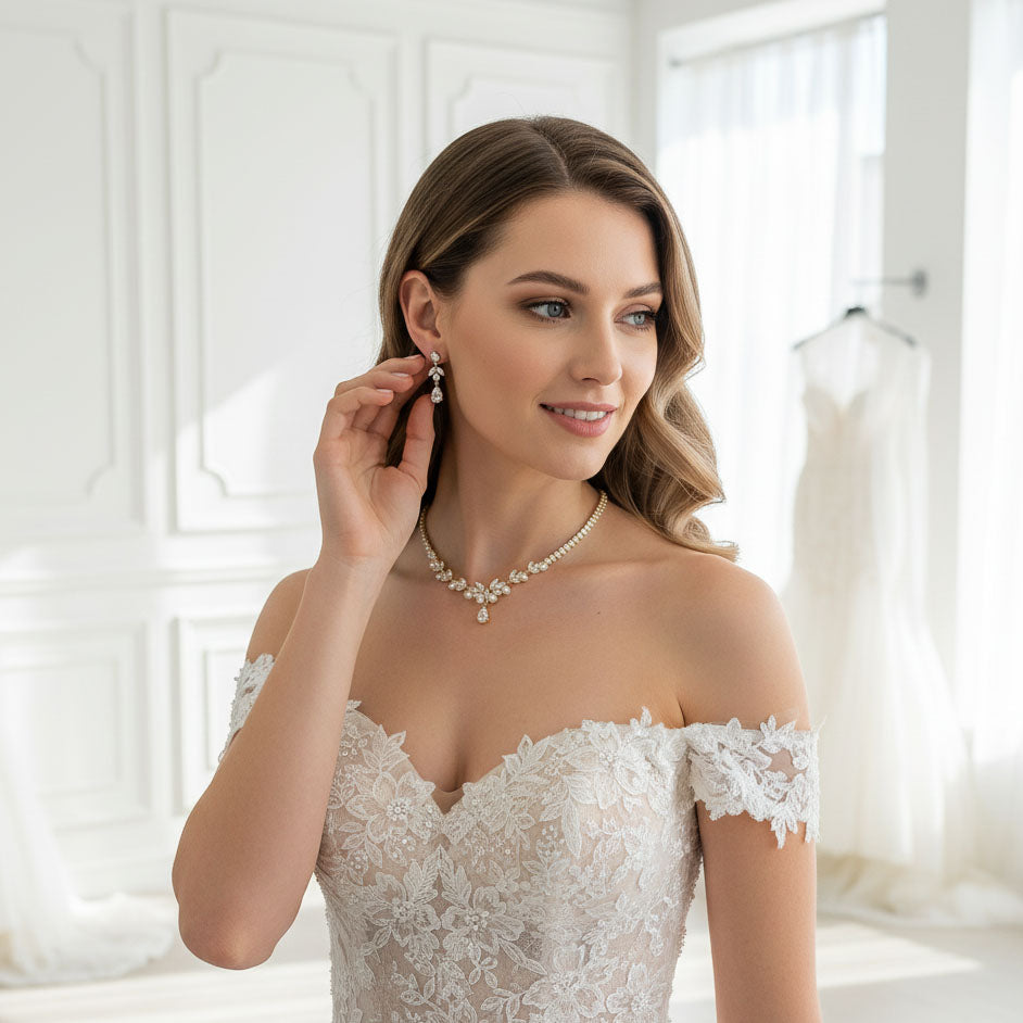 Silver Pearl Bridal Jewellery Set: Necklace & Earrings - Jenna