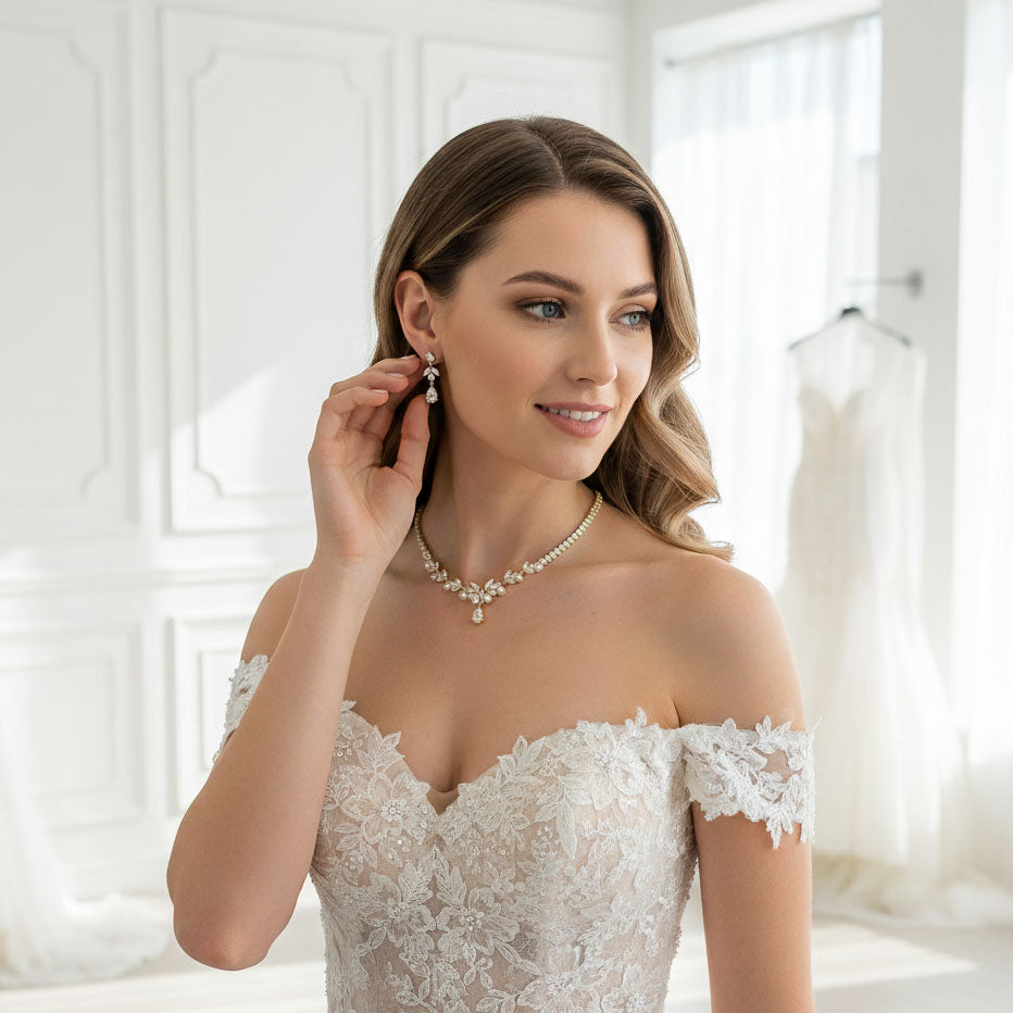 Gold Bridal Pearl Necklace & Earring Set - Jenna