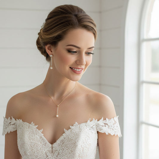 Gold Pearl Bridal Jewellery Set With Delicate Earrings and Necklace - Jodi