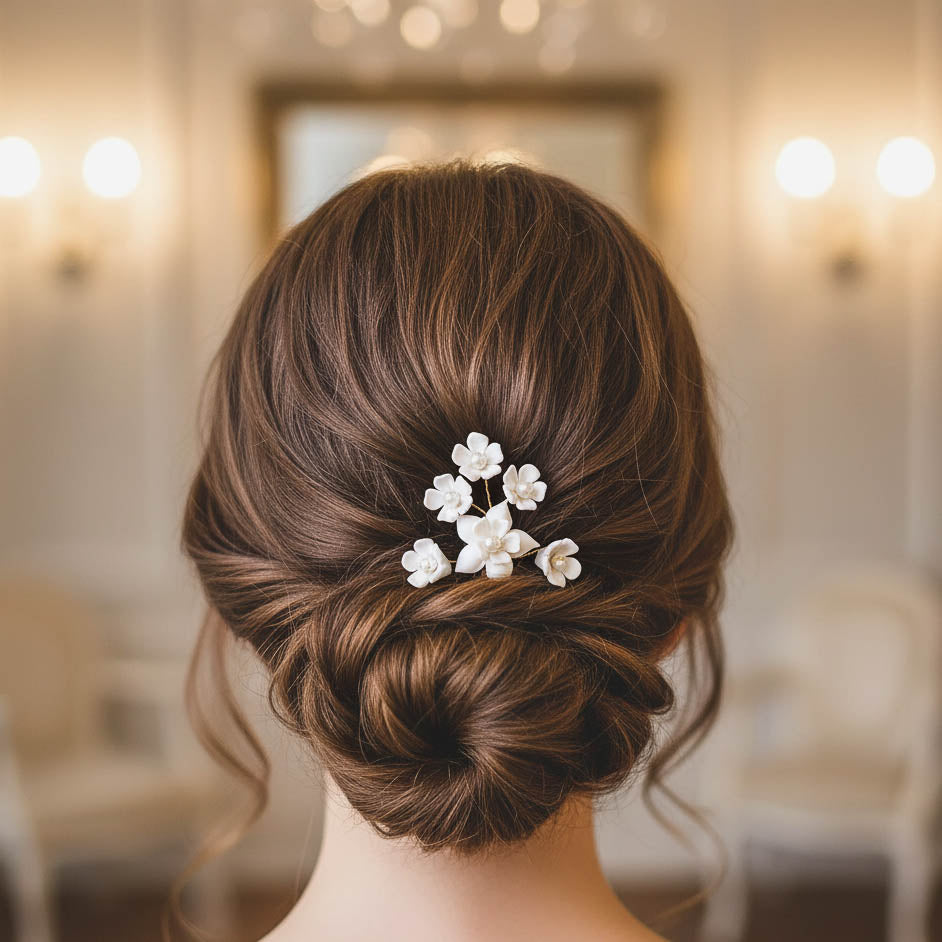 Rose Gold Hair Pin for Weddings with Flowers-Lana