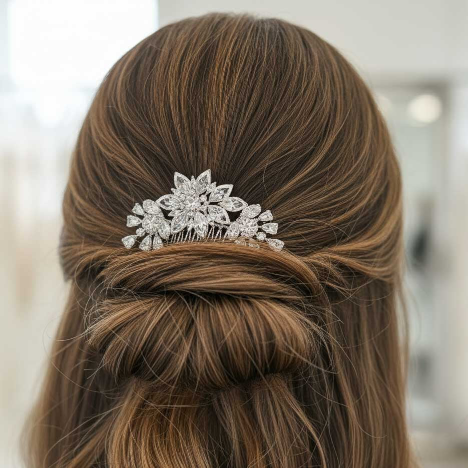 Silver Diamante Hair Comb: Small Floral Bridal Headpiece with High Sparkle-Lara