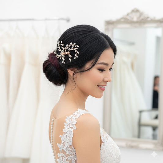 Rose Gold & Blue Opal Crystal Comb | Dainty Minimalist Bridal Headpiece- Laura