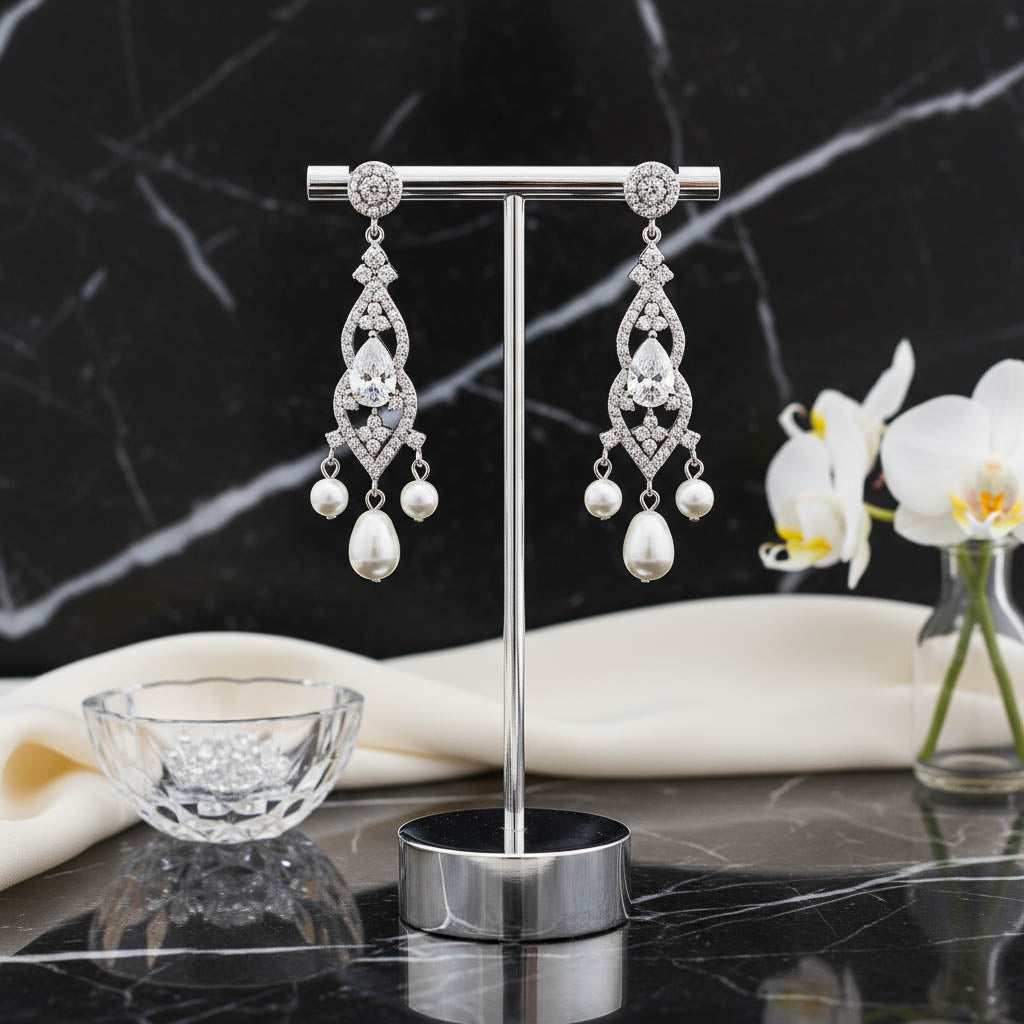 Elegant Pearl Drop Chandelier Earrings for a Graceful Bridal Look -Laura