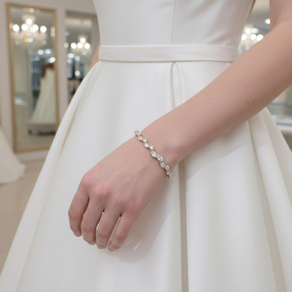 Silver Leaf Bracelet for Brides & Weddings in CZ- Belle