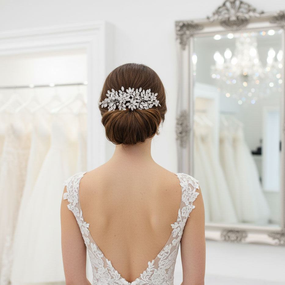 Extra Large Crystal Bridal Comb (8.5 Inch) | Statement Floral & Leaf Headpiece-Leana