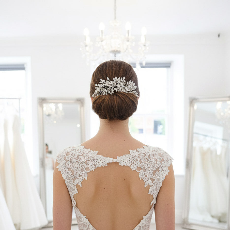 Extra Large Crystal Bridal Comb (8.5 Inch) | Statement Floral & Leaf Headpiece-Leana