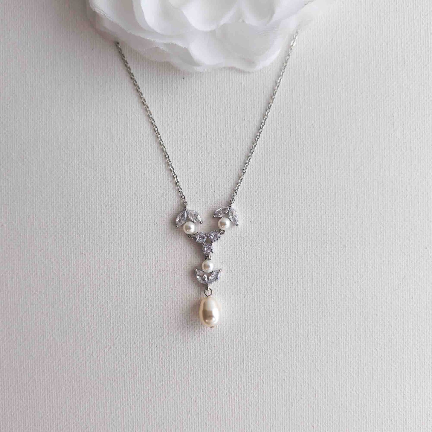 Crystal & Pearl Bridal Necklace in Silver - Leila