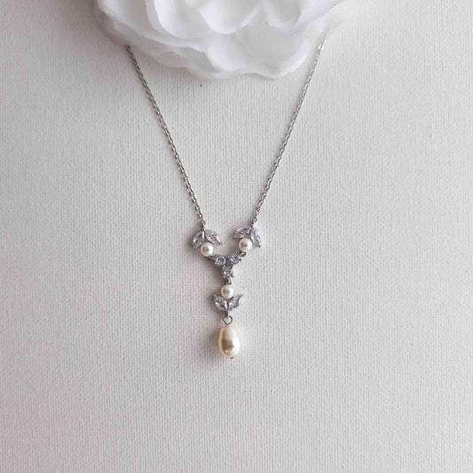 Crystal & Pearl Bridal Necklace in Silver - Leila