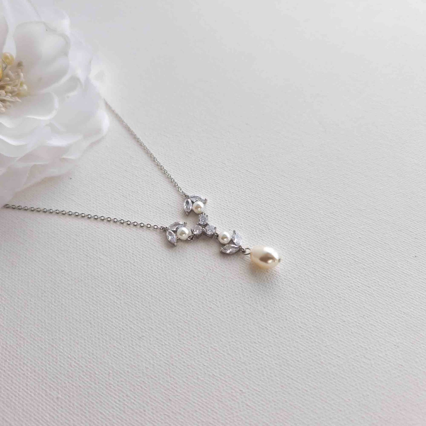 Crystal & Pearl Bridal Necklace in Silver - Leila