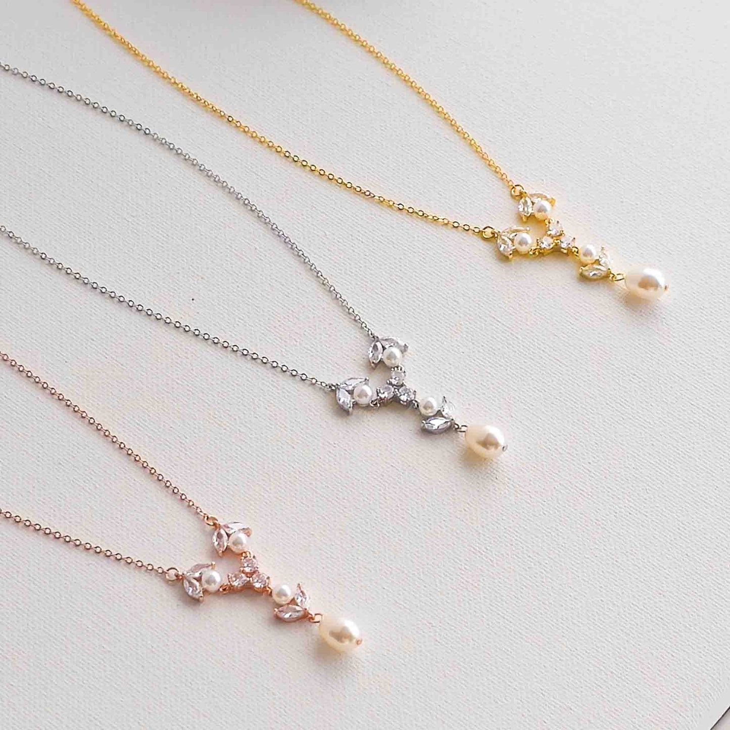 Crystal & Pearl Bridal Necklace in Silver - Leila