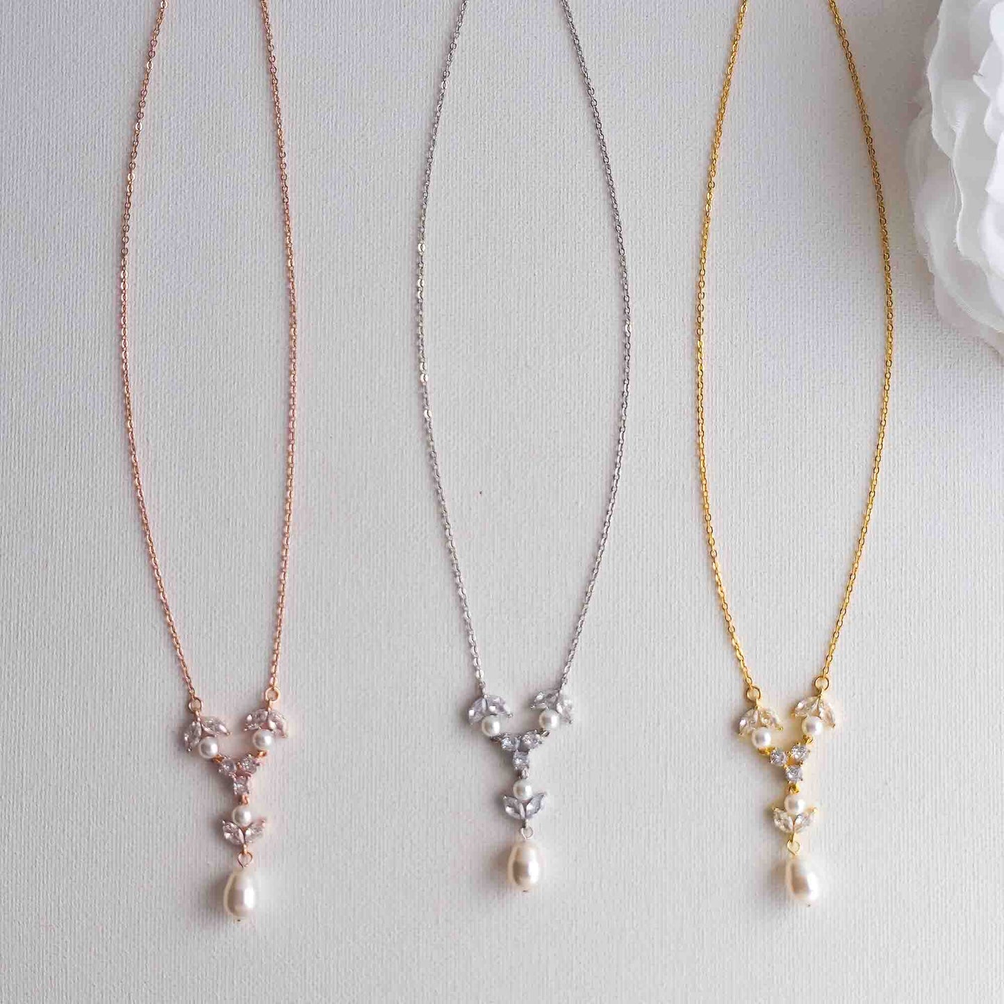 Crystal & Pearl Bridal Necklace in Silver - Leila