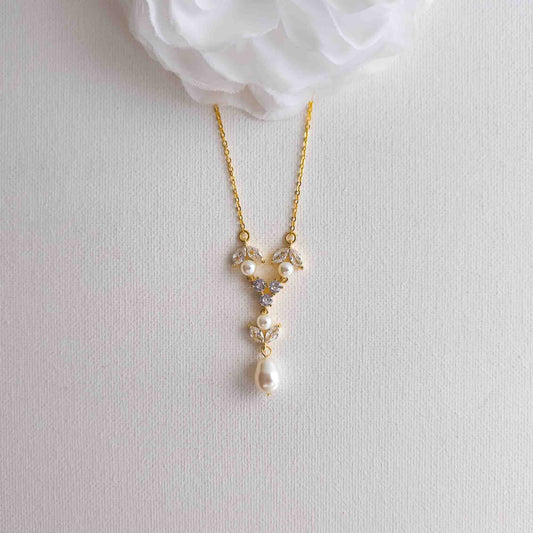 Gold Crystal & Pearl Y-Drop Bridal Necklace - Leila