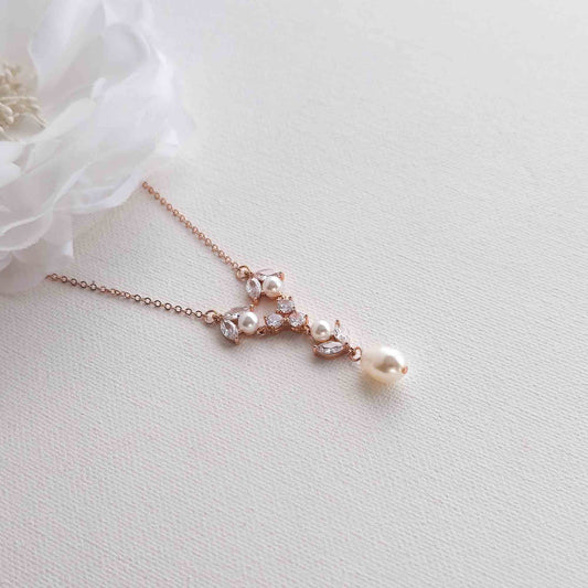 Rose Gold Crystal and Pearl Bridal Y-Drop Necklace - Leila