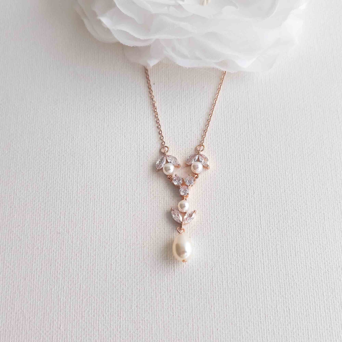 Crystal & Pearl Bridal Necklace in Silver - Leila