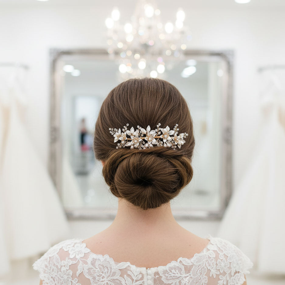 Gold Leaf Statement Hair Comb | Delicately Crafted Pearl & Crystal Bridal Piece-Liana