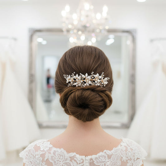 Gold Leaf Statement Hair Comb | Delicately Crafted Pearl & Crystal Bridal Piece-Liana