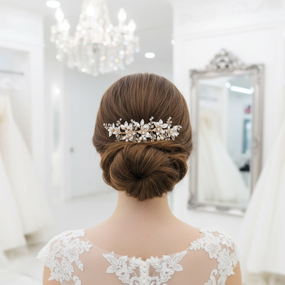 Gold Leaf Statement Hair Comb | Delicately Crafted Pearl & Crystal Bridal Piece-Liana