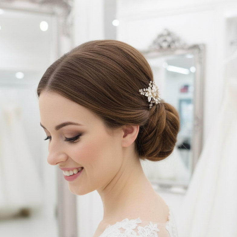 Gold Leaf Statement Hair Comb | Delicately Crafted Pearl & Crystal Bridal Piece-Liana