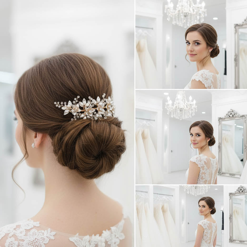 Gold Leaf Statement Hair Comb | Delicately Crafted Pearl & Crystal Bridal Piece-Liana