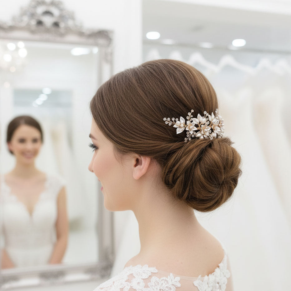 Gold Leaf Statement Hair Comb | Delicately Crafted Pearl & Crystal Bridal Piece-Liana