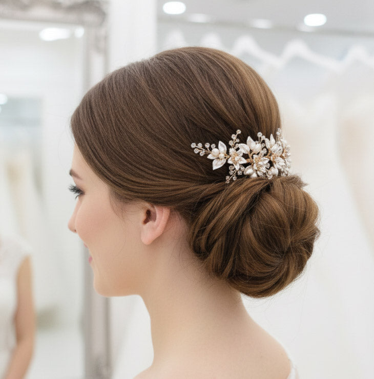 Gold Leaf Statement Hair Comb | Delicately Crafted Pearl & Crystal Bridal Piece-Liana