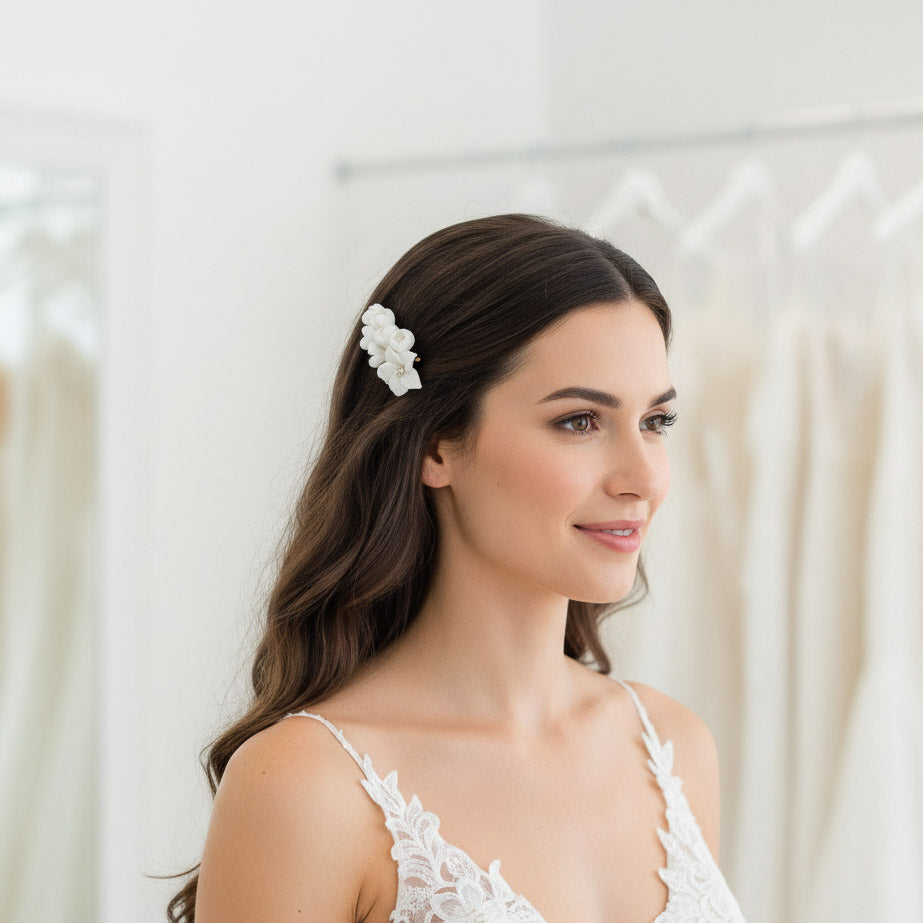 Bridal Barrette in White Flowers-Lilac