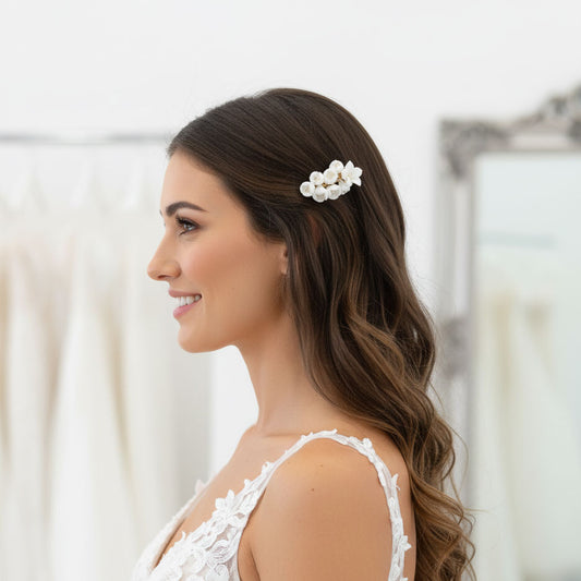Bridal Hair Clip with White Flowers-Lilac