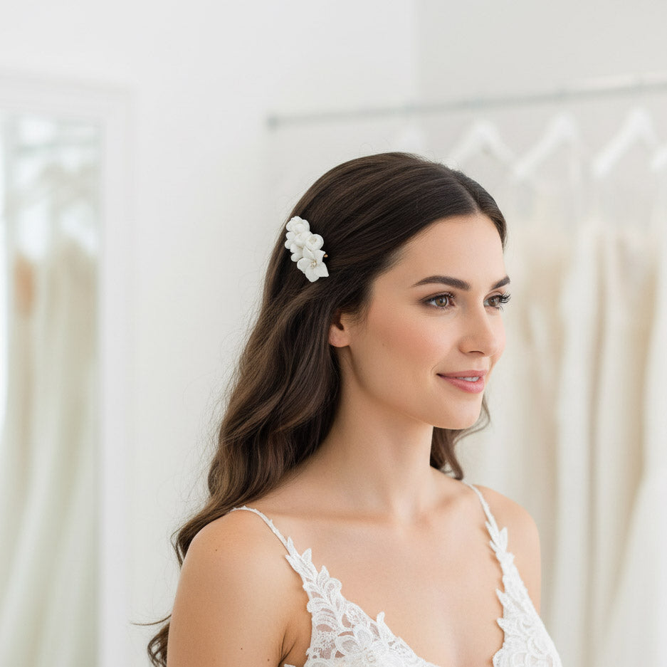 Bridal Hair Clip with White Flowers-Lilac